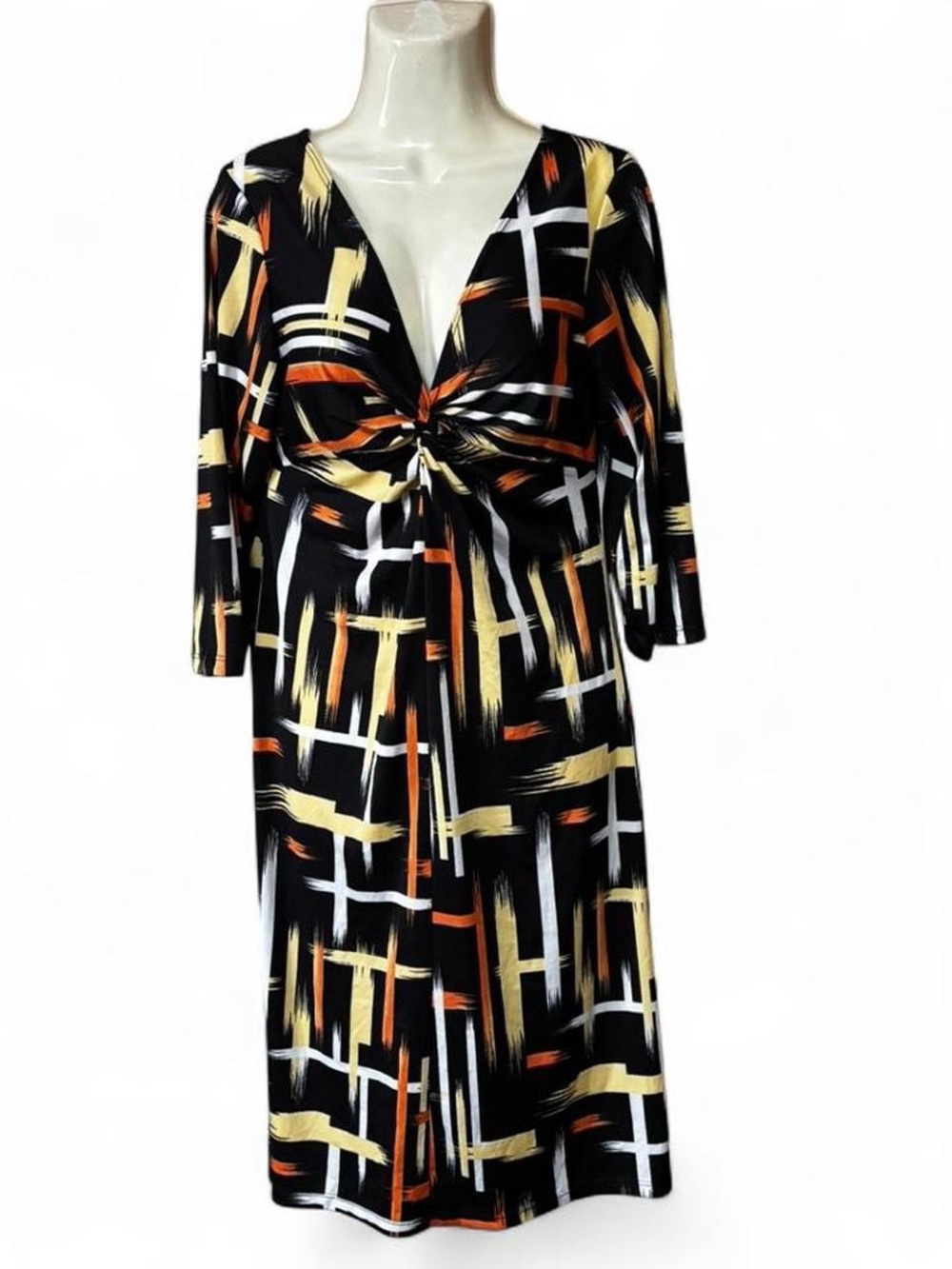 Jennifer Lauren Abstract Geometric Midi Dress Twist Front Black Mustard Orange L